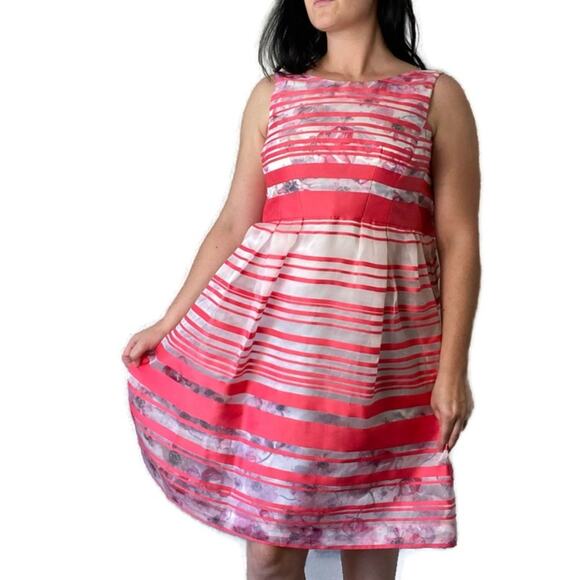 Kay Unger Striped Floral Fit & Flare Silk Dress Size 2 - Picture 1 of 6